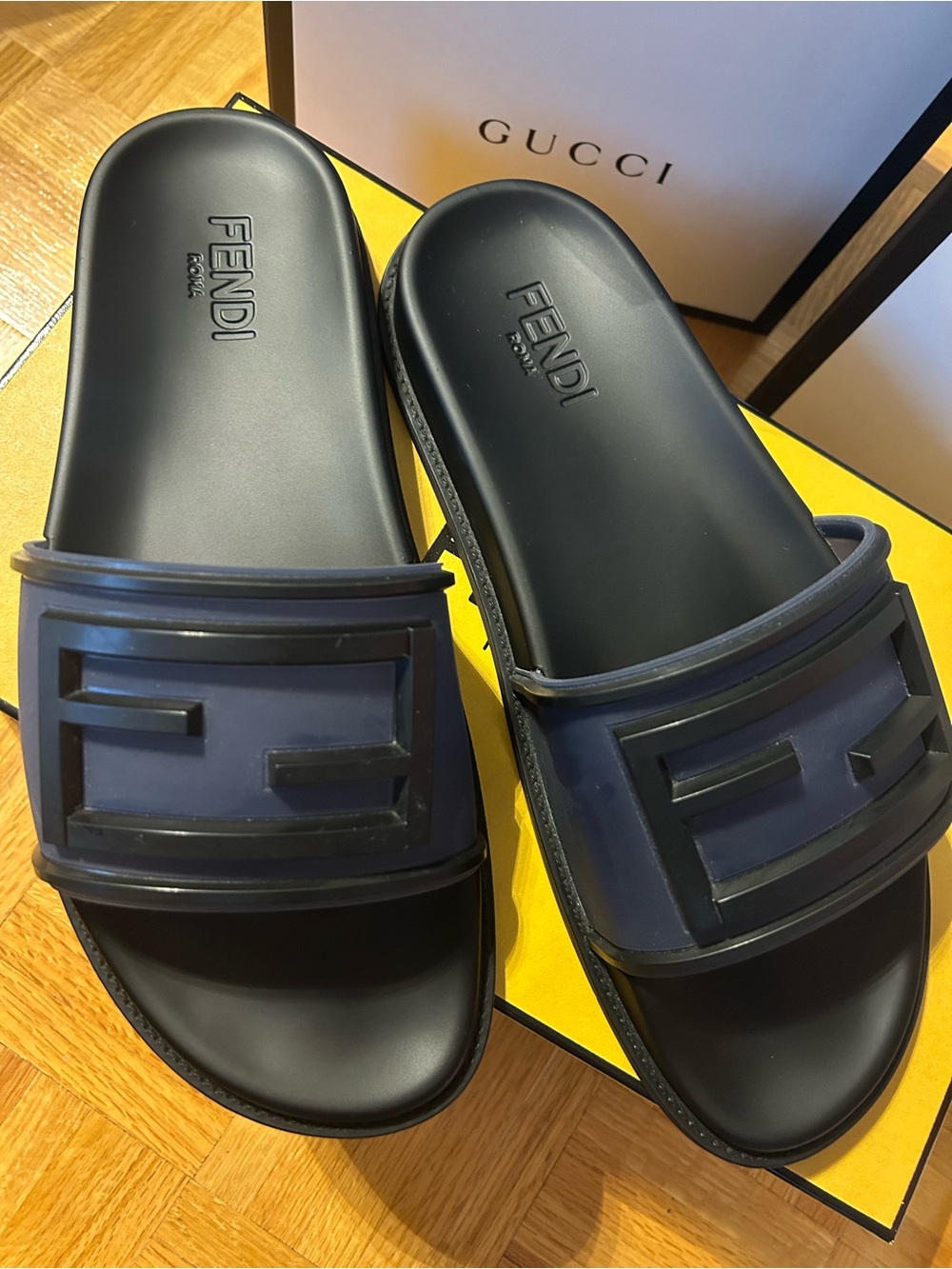Fendi Black and Navy FF Logo Rubber Slides